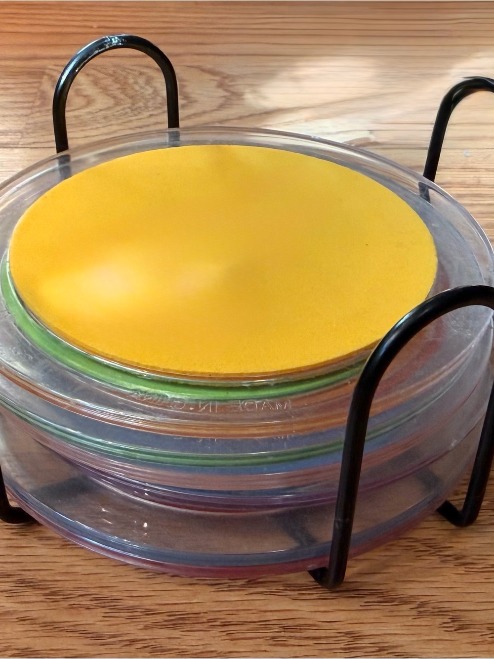 6 vintage multi-colored plastic/foam coaster set original black wire caddy set